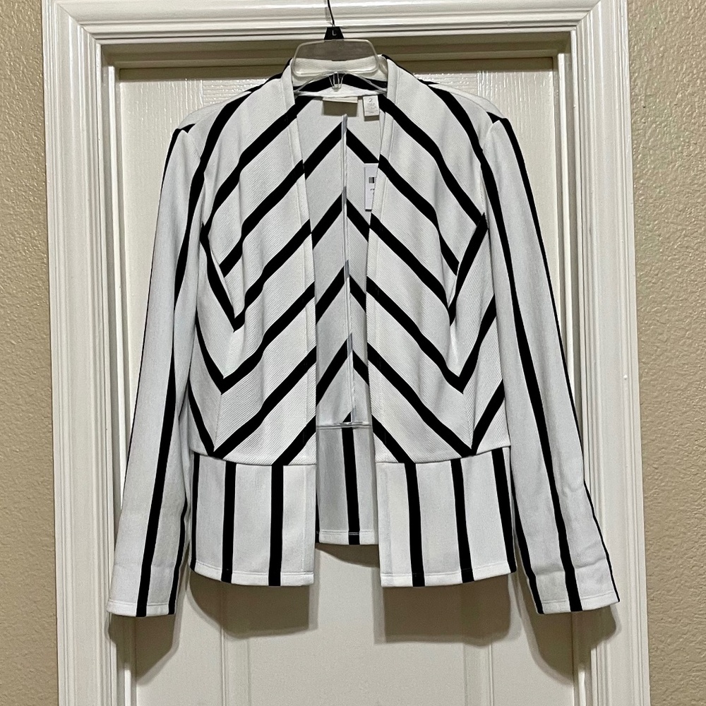 Chico's Jacket Black White Open Front Peplum